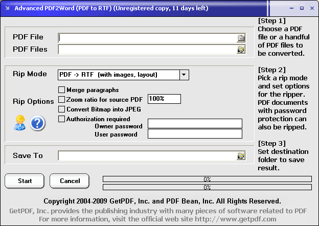 Advanced PDF2Word (PDF to RTF) Screenshot